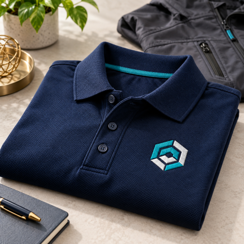 Ejemplo ilustrativo de logotipo bordado sobre un polo de trabajo